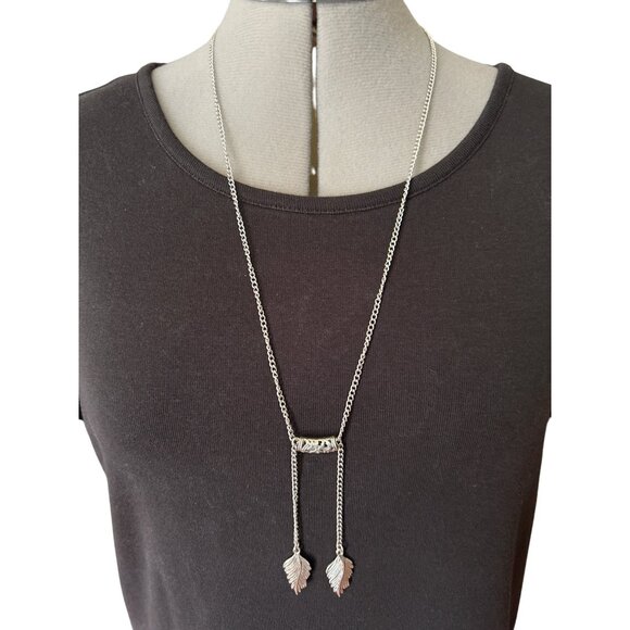 Silver-Tone Leaf Pendant Necklace With Long Chain & Lobster Clasp - Picture 1 of 5